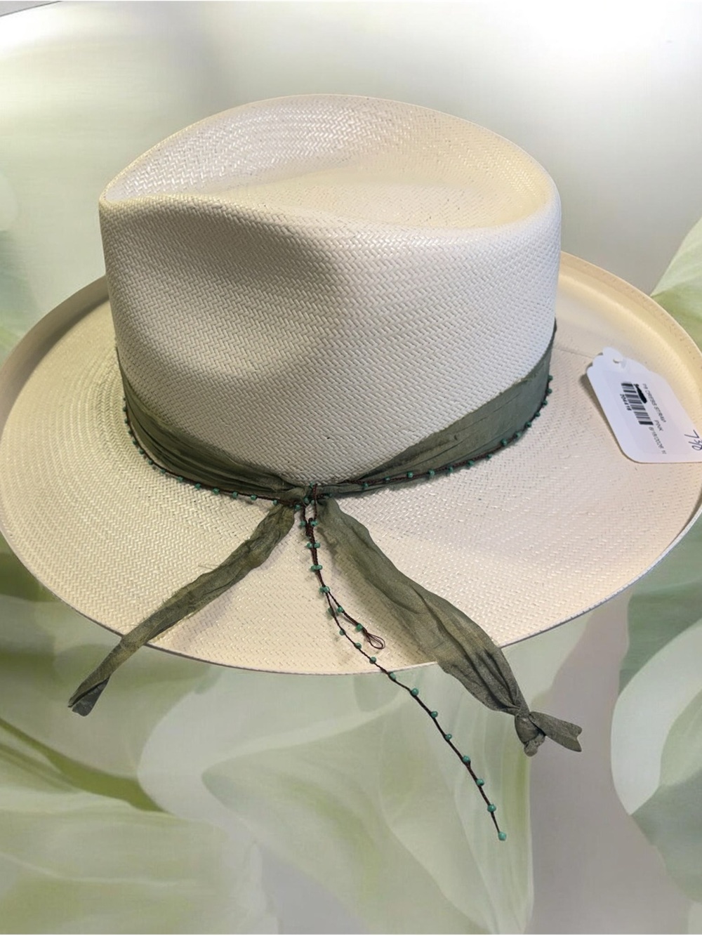 Stetson White Straw Fedora with Olive Band and Charm - Picture 2 of 4